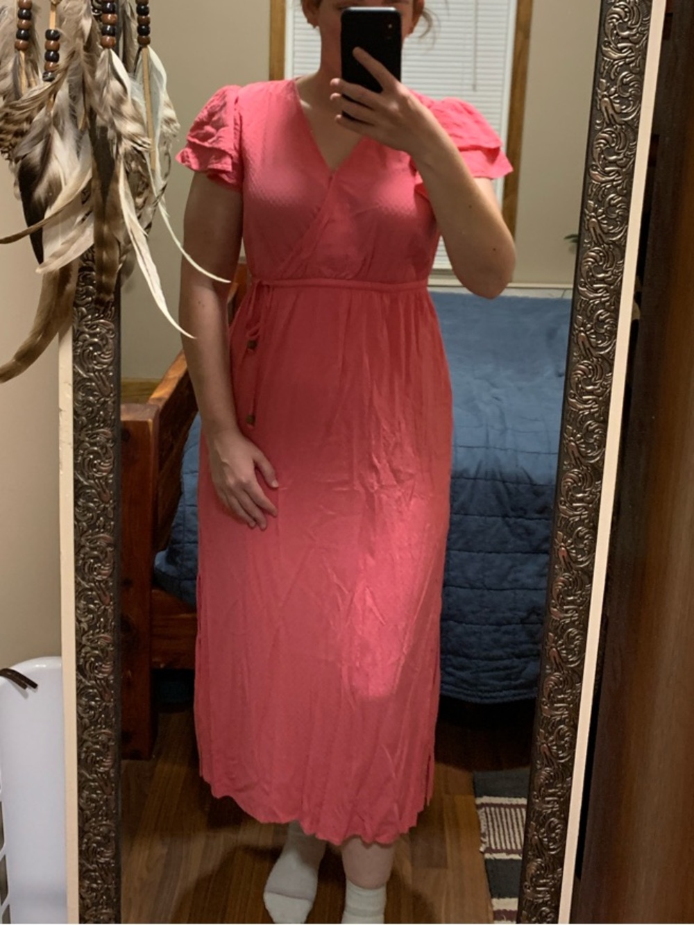 Pink V-Neck Midi Dress with Flutter Sleeves